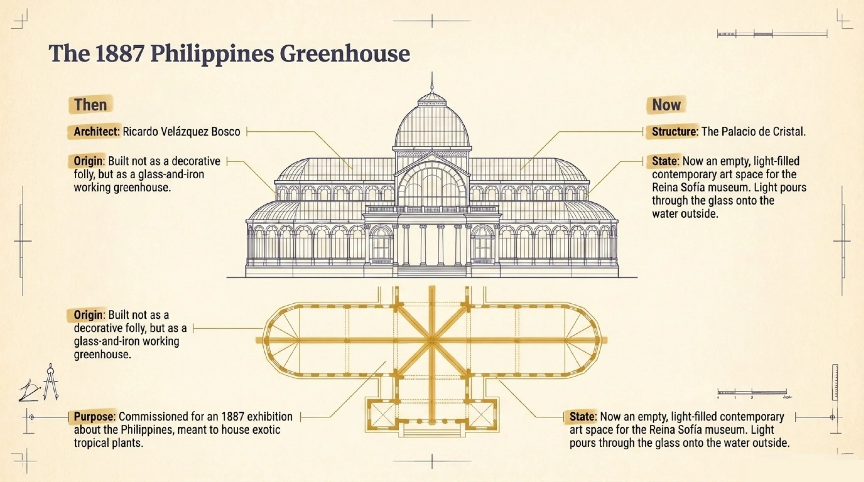 The Palacio de Cristal in Retiro Park, a glass-and-iron greenhouse designed by Ricardo Velazquez Bosco and built in 1887 for an exhibition about the Philippines