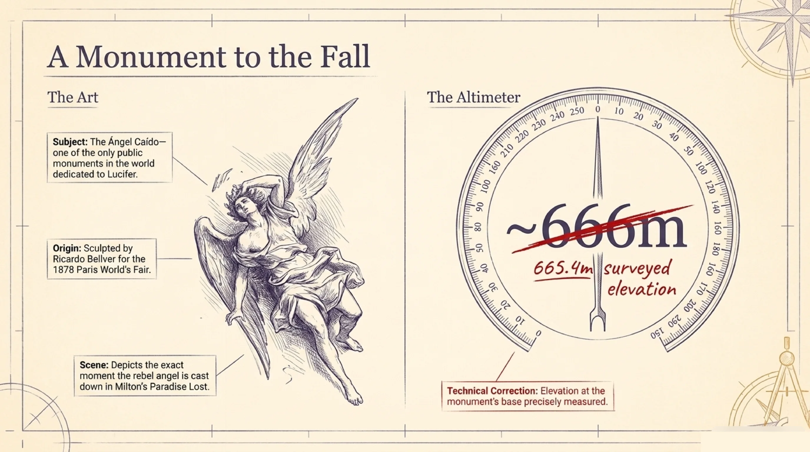 The Fountain of the Fallen Angel in Retiro Park, sculpted by Ricardo Bellver depicting Lucifer's fall from Milton's Paradise Lost, at a surveyed elevation of 665.4 metres (popularly 666)