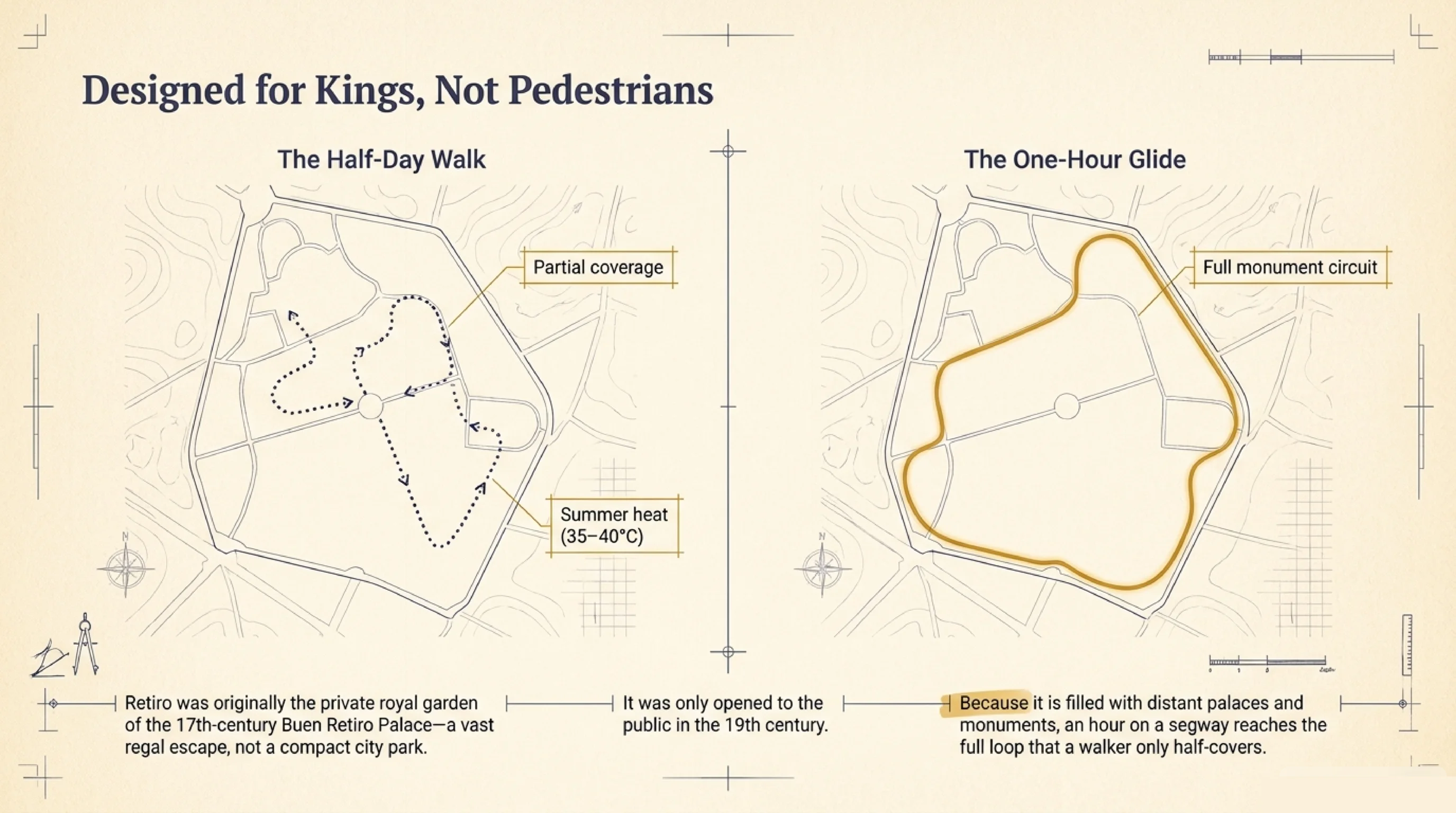 Retiro Park coverage map: a half-day walk covers only part of the park in 35-40C summer heat, while the one-hour segway loop reaches the full monument circuit